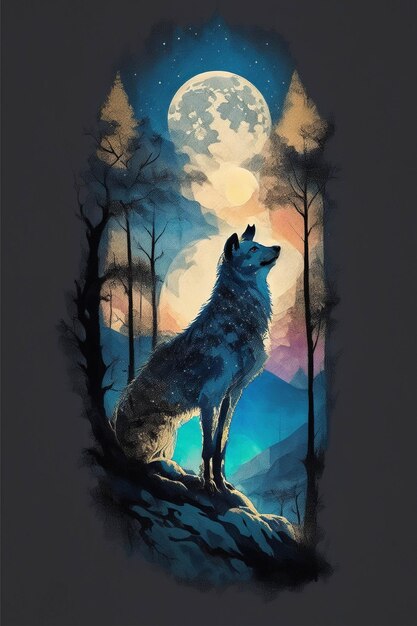 Design drawing for tshirt hyena in forest under moonlight image illustration