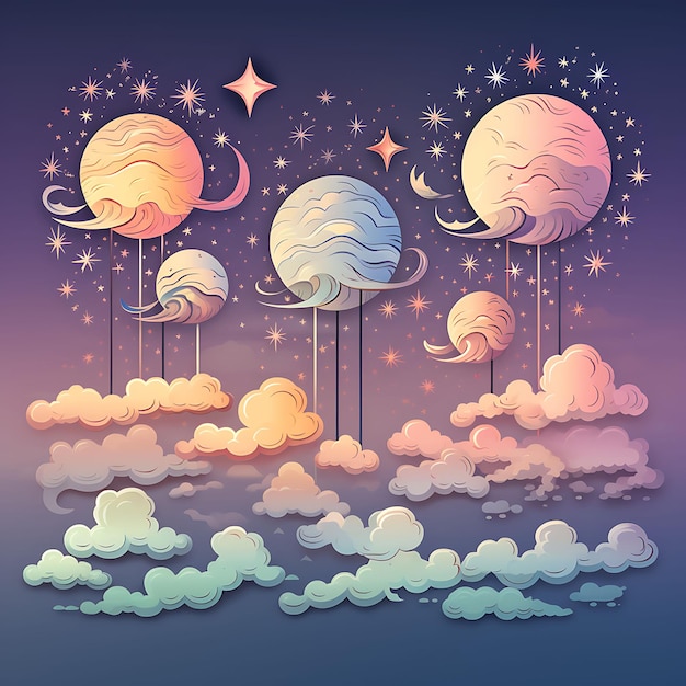 Photo design of dreamy nighttime sky stars clouds soft pastels curved lines clipart footer header art