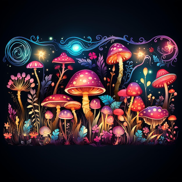 魔法の森のデザイン 境界線のキノコ 輝く妖精 炎の花 クリパート フッターヘッダーアート
