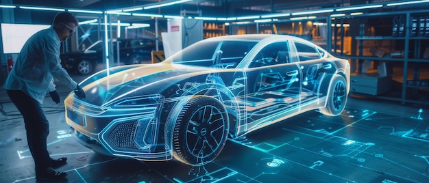 자동차 혁신 시설의 설계 엔지니어는 가상 현실과 증강 현실을 사용하는 아이디어에 기반한 전기 자동차의 3D 홀로그램 모델을 작업하고 있습니다.
