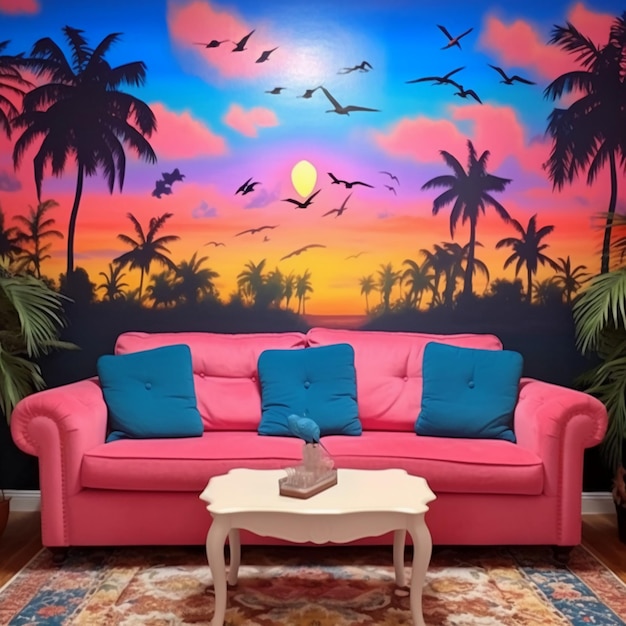 Foto un disegno con palme vibranti tramonti colorati e uccelli esotici