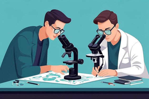 Design a flatstyle illustration of students utilizing advanced microscopes for forensic analysis