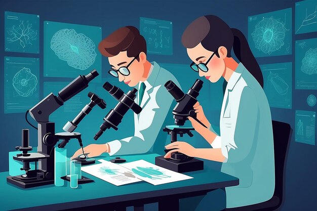 Design a flatstyle illustration of students utilizing advanced microscopes for forensic analysis