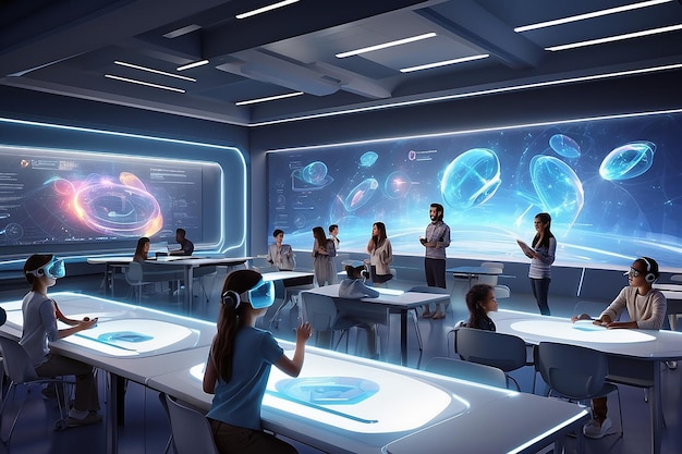 Design a futuristic classroom where holographic displays