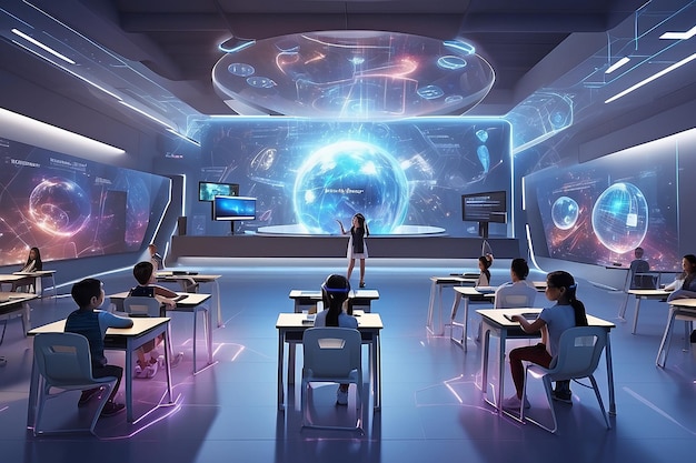 홀로그래픽 디스플레이가 있는 미래의 교실을 디자인하세요.
