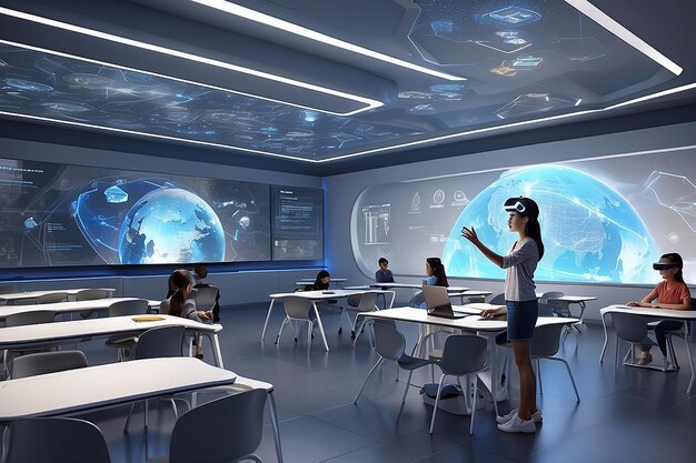 Photo design a futuristic classroom where holographic displays