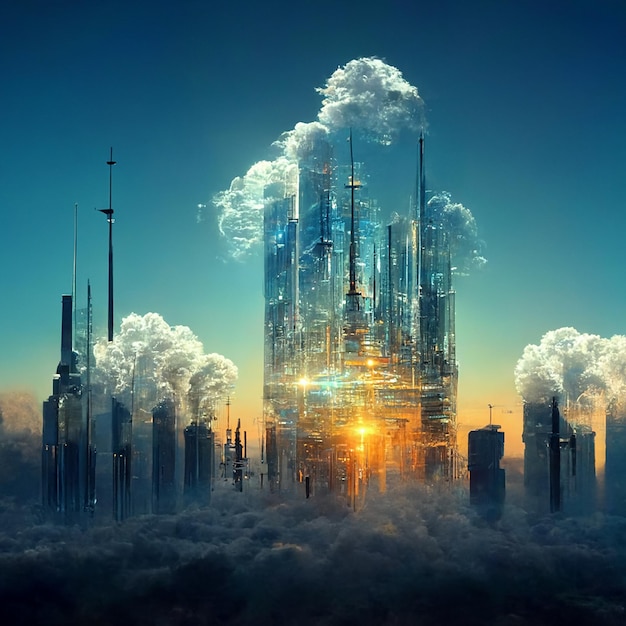 Design of futuristic sky city abstract tower architecture illustation design internet connect of line data transfer