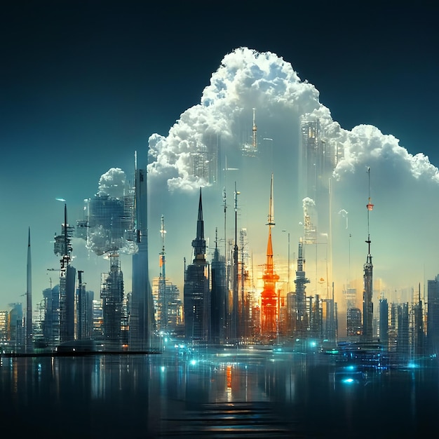 design of futuristic sky city abstract tower architecture illustation design internet connect of line data transfer