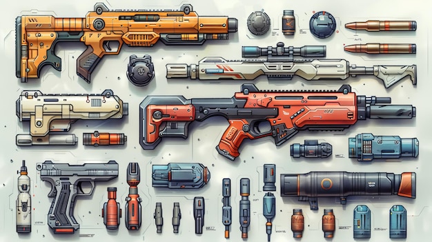 The design of a futuristic weapon arsenal against a white background This is a realistic cartoon style Elements Game Assets were created in this style