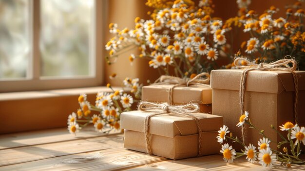 Design gift boxes with flowers on beige wall copy space background Minimalism style template
