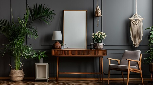 Фото Дизайн домашнего интерьера гостиной с стильным стулом и деревянным столом ai generative