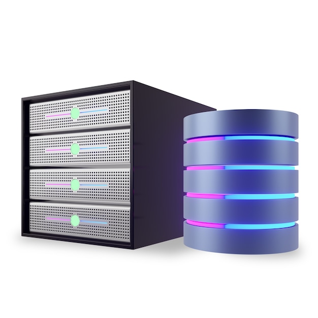 Дизайн контейнера стойки сервера хостинга с цилиндром значка базы данных светится розовым голубым цветом. Изображение 3D иллюстрации.