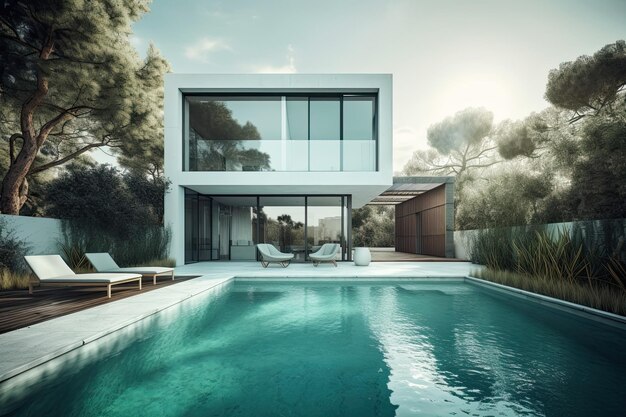 Foto casa di design villa moderna con soggiorno a pianta aperta e ala camera da letto privata grande terrazza con privacy e piscina ai generativa