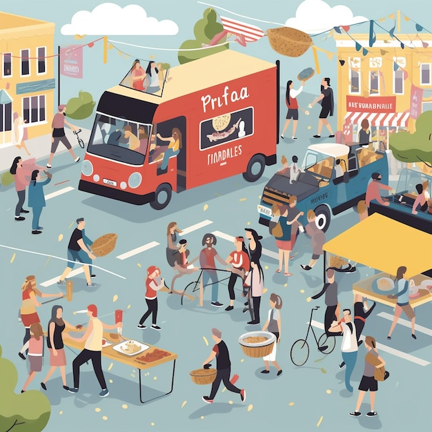 Foto disegna un'illustrazione di un festival di strada con stand gastronomici e spettacoli