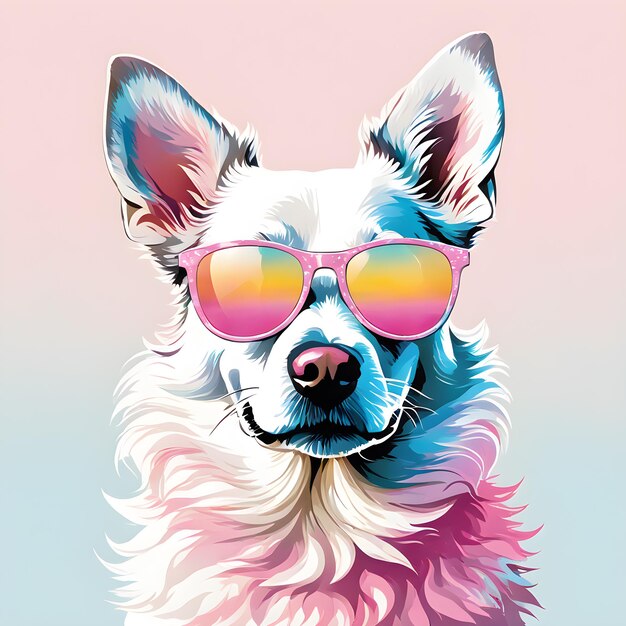 Design illustration for t shirt printing colorful cute dog wearing sun glasses