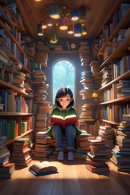 Design an image featuring a person surrounded by diverse books representing the pursuit of knowledge