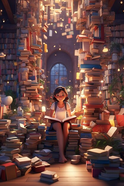 Design an image featuring a person surrounded by diverse books representing the pursuit of knowledge