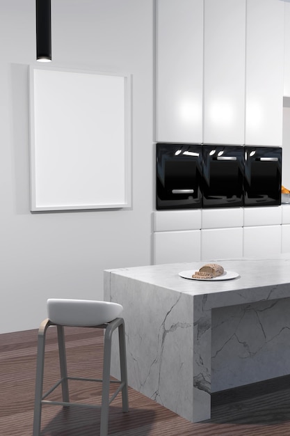 La cucina interna di design con cornice bianca mock up d rende