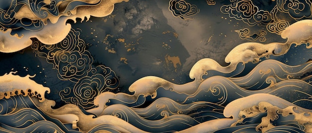 金色のテクスチャーの日本風の背景デザイン中国風の雲海波ヴィンテージスタイルの装飾招待カード用の自然と自然の芸術
