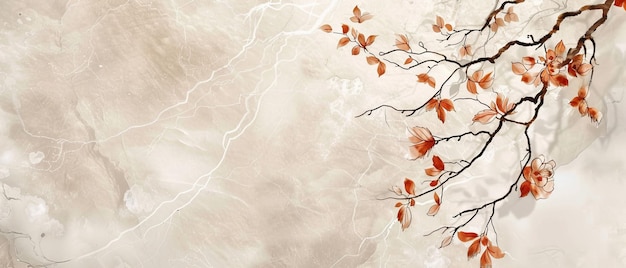 Design of a Japanese watercolor background with handdrawn leaves and flowers