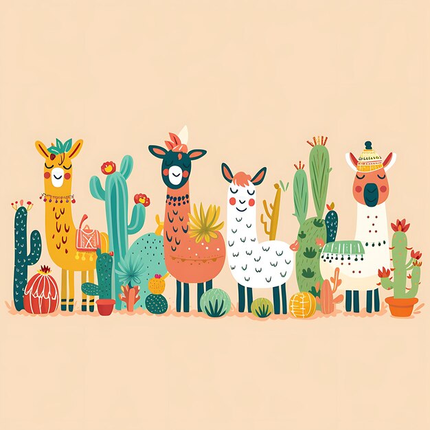 Design lines of cute llamas and cactus decorations with warm and de pattern art y2k creative idea