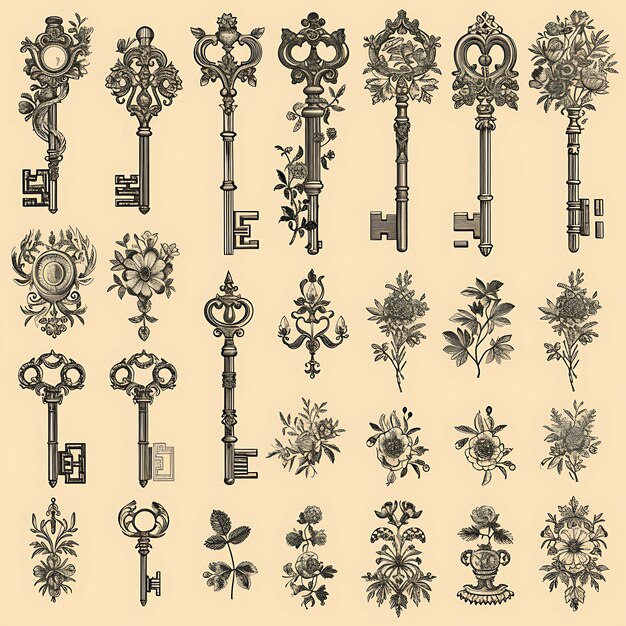 Design Lines of Vintage Keys and Botanical Illustrations Decoration Pattern Art Y2K Creative Idea