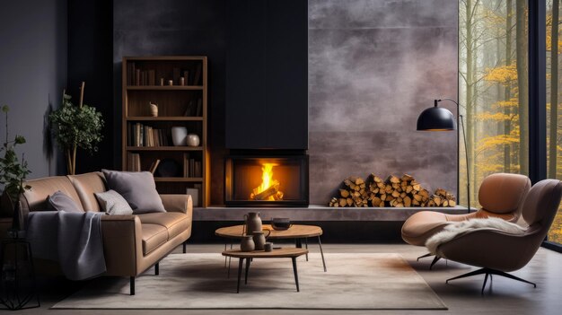 Design of a living room with a fireplace in the interior of a country house natural materials