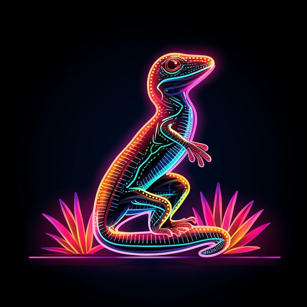 Design of Lizard Sunny Desert Zigzag Neon Lines Cacti Curved Tail on B Clipart Tshirt Design Glow