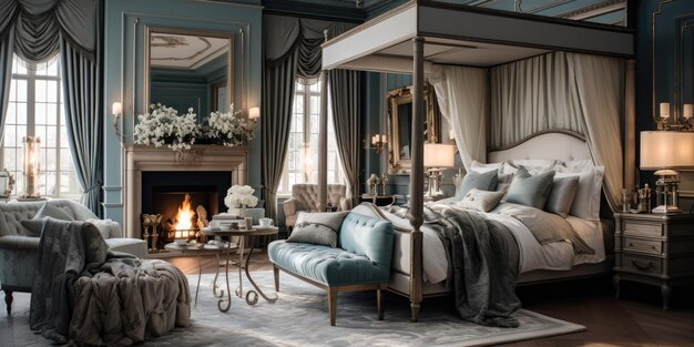 Design a luxurious master bedroom suite with a fourposter bed silk drapes and a marble fireplace AI Generative