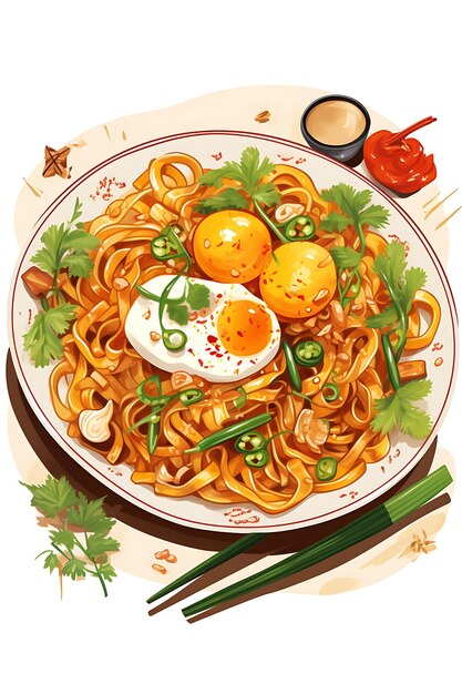 Design of mee goreng menu vibrant yellow color with playful illustra flat 2d creative art ideas