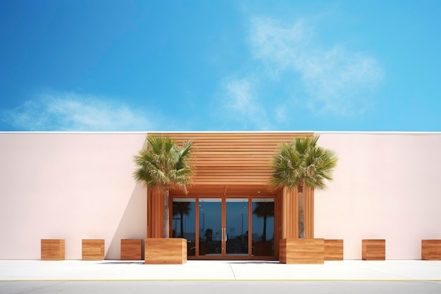 Design of the minimalist facade of a local with a single floor sunny and an empty space with blue sky Ai generated