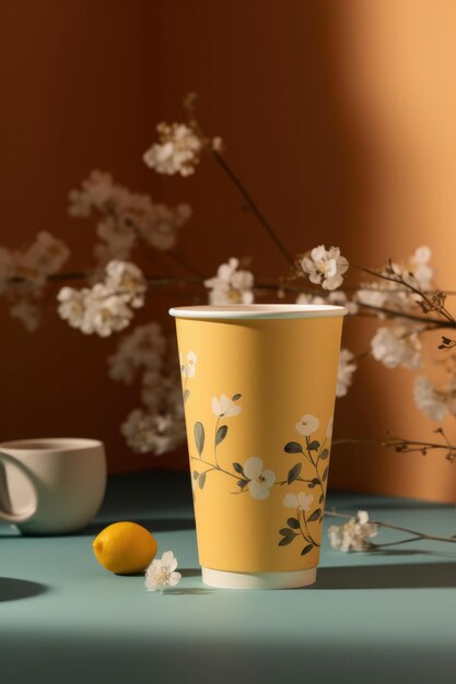 Design minimalistic a paper cup with spring theme created with Generative AI technology