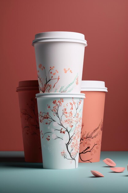 Photo design minimalistic a paper cup with spring theme created with generative ai technology