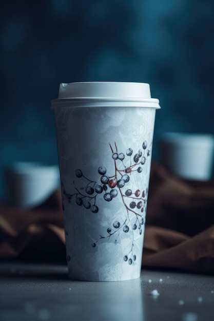 Design minimalistic a paper cup with winter theme created with Generative AI technology