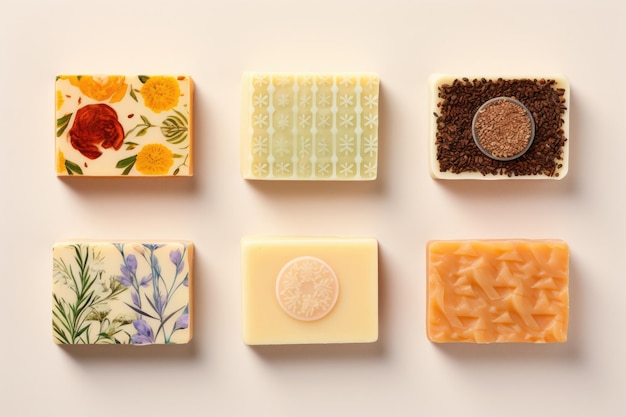 Design mockup featuring handmade soap bars on a colored background from a top view