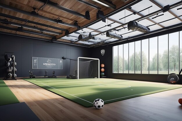 Design a mockup where the logo is seamlessly integrated into the design of a hightech sports training facility