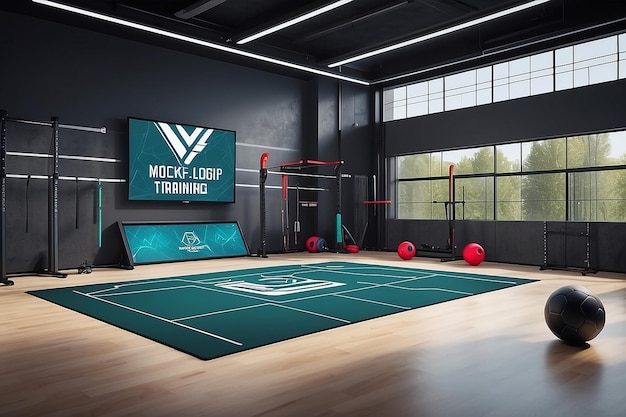 Design a mockup where the logo is seamlessly integrated into the design of a hightech sports training facility