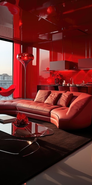 Photo design of a modern apartment in red shades kitchen and living room high quality photo generative ai