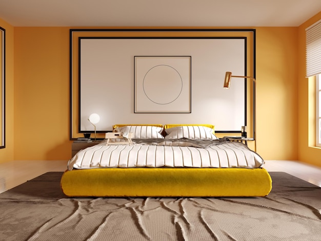 Design of a modern bedroom in yellow with a white headboard over the bed. Yellow bed. 3D rendering.