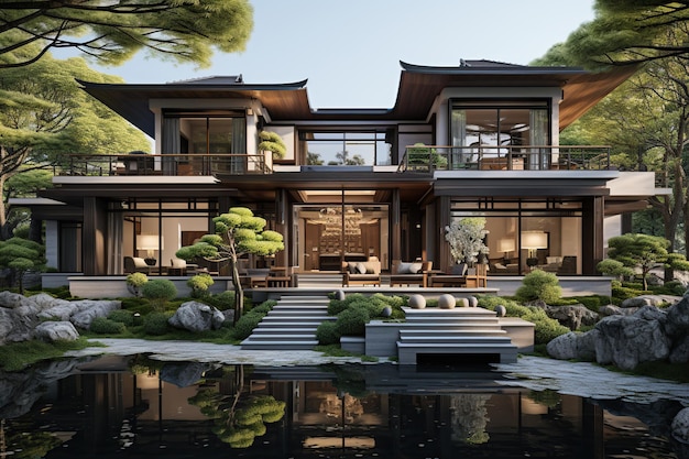 Design a modern Chinese style home that blends traditional elements like wooden lattice