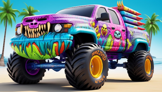 Foto progetta un monster truck con un tema di paradiso tropicale usa colori vivaci maschere tiki e tavole da surf come parte del design del camion creando un'atmosfera divertente e da spiaggia 52