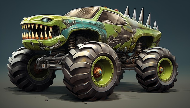 Design a monster truck with a tropical paradise theme Use vibrant colors tiki masks and surfboards as part of the truck's design creating a fun and beachy atmosphe 52