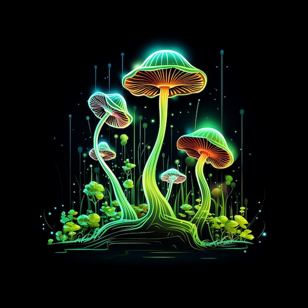 Design of Moss Forest Green Organic Neon Lines Mushrooms Organic Neon Clipart Tshirt Design Glow