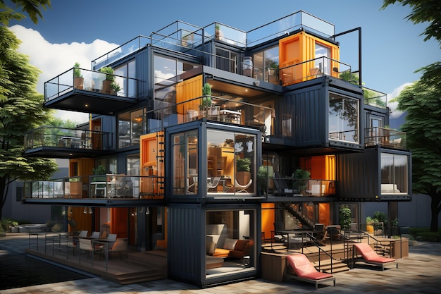 Design a multilevel container house showcasing how stacking containers