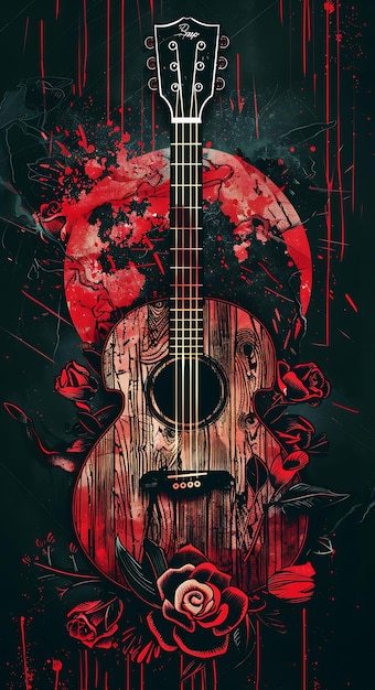 비트코인과 기타를 가진 뮤지컬 2D 포스터의 디자인 나무 텍스처 암호 포스터 배너 컨셉