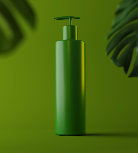 Progettazione di crema cosmetica naturale, siero, confezione di bottiglie vuote per la cura della pelle con foglie di erbe, prodotto biologico biologico. bellezza. illustrazione 3d. presentazione del prodotto