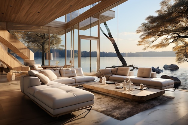 Design a Nordic waterfront villa utilizing large glass panels to connect the interior with scenic