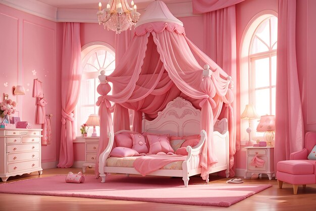 Design of a nursery for a girl in pink colors in a classic style with a beautiful fourposter bed