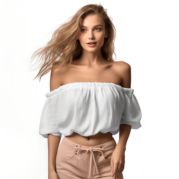 Photo design of off the shoulder top crafted from lightweight linen with a r isolated on white bg blank