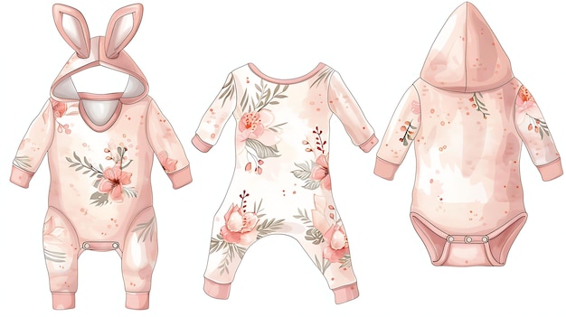 Photo design of onesie with bunny ears on the hood featuring floral outline collage art concept idea